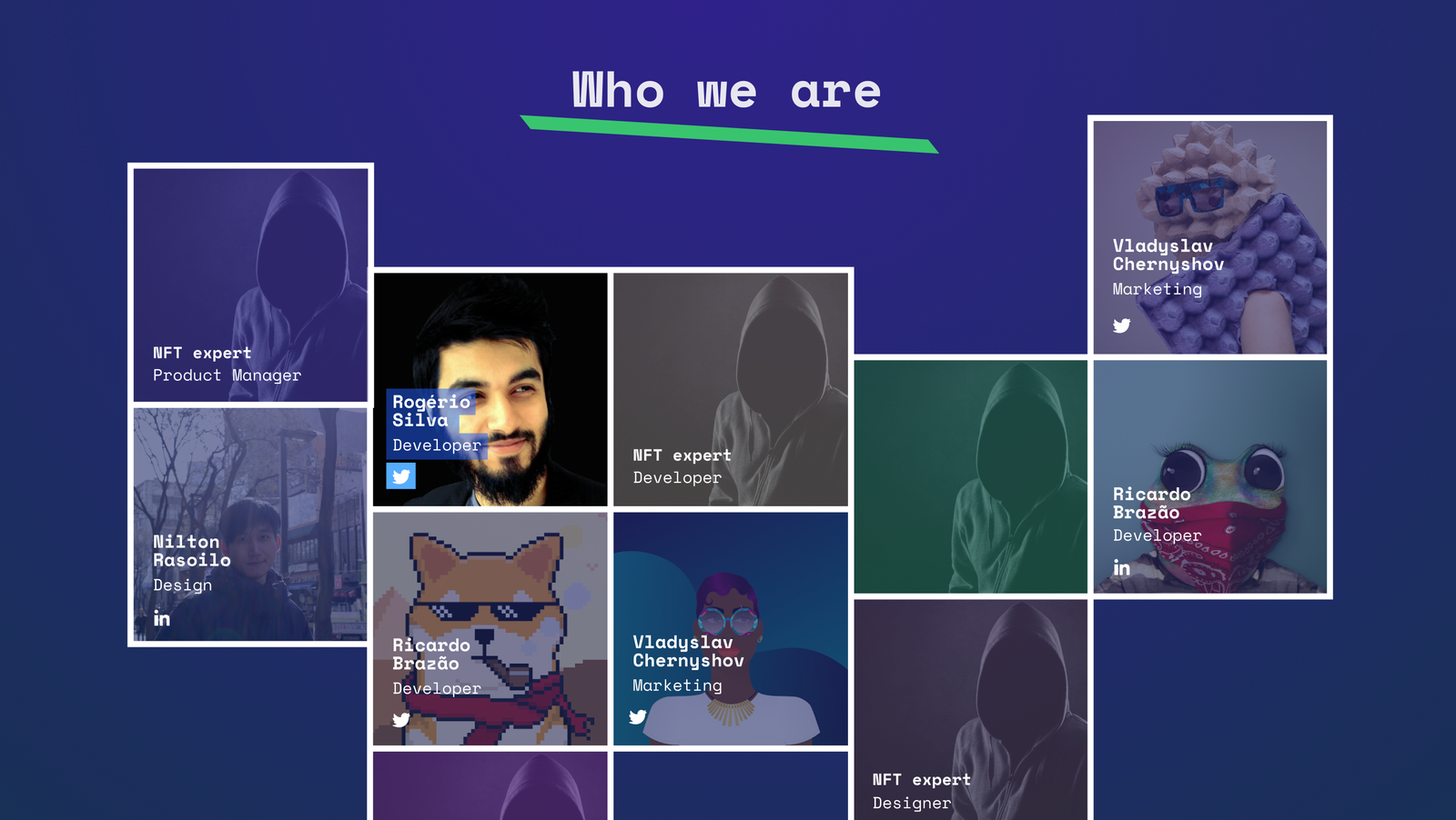 Who we are — the Blokssom collective, shown as their NFT avatars