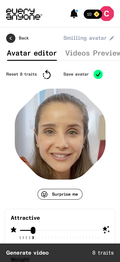 Mobile avatar editor — edited traits ready to generate a video