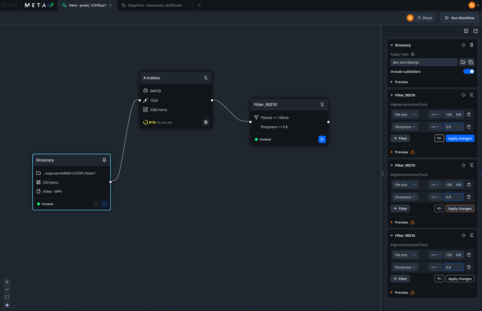 Node workflow — extract, filter by file size and sharpness, then run